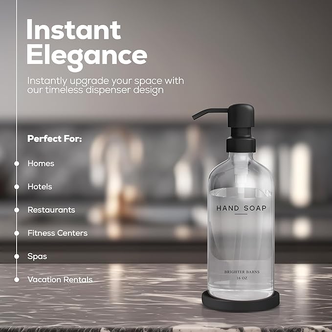 Glass Hand Soap Dispenser Bathroom Set by Brighter Barns - Bathroom Soap Dispenser Set - Refillable Pump Bottle with Tray - Neutral Home Decor for Airbnb, Hotel, Vacation Rental, Restaurants (Clear) - Image 2