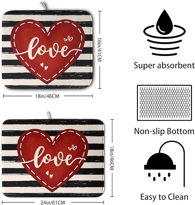 Valentine's Day Dish Drying Mat for Kitchen Counter 16x18 Black White Stripes Red Love Heart Dishes Drainer Mats Absorbent Dish Pad Large Dish Draining Mat for Coffee Bar - Image 2