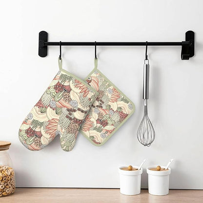 Cactus Succulent Silicone Oven Mitts Pan Mats Set of 2, Heat Resistant Gloves Potholder with Non-Slip Grips Hanging Loops Pot Holder, Spring Summer for Chef Cooking, Baking, Grilling, BBQ