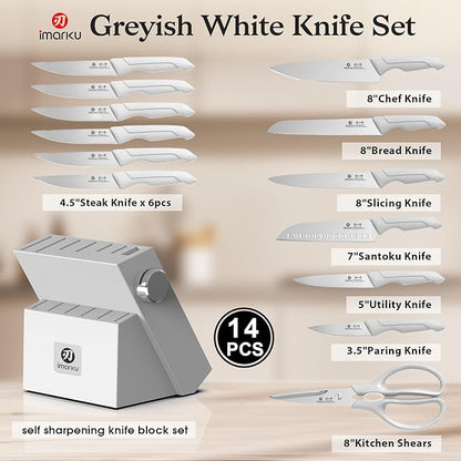 imarku Kitchen Knife Set, Japanese Knives Set for Kitchen, Stainless Steel Knife Set with Block, Kitchen Gadgets, White, Anti-Slip Handle, Dishwasher Safe, Gift for Women - Image 5