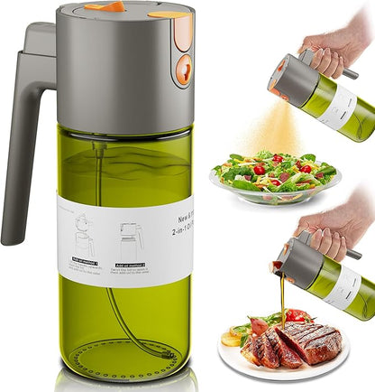 OURCABECUE Upgrade 2 in 1 Oil Sprayer for Cooking, 17oz Light-Blocking Glass Olive Oil Dispenser Bottle for Kitchen,Food-Grade Oil Mister with 8 Stickers for Salad, Frying (Green Bottle-Grey Gap) by OURCABECUE