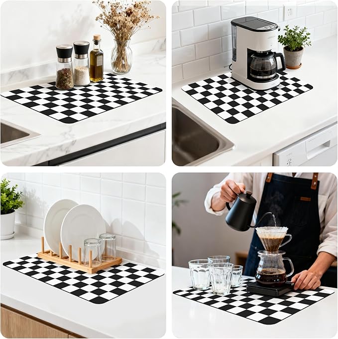16" x 24" Checkered Dish Drying Mat for Kitchen Counter, Absorbent Coffee Bar Mat for Espresso Machine Coffee Countertops Accessories, Black - Image 8