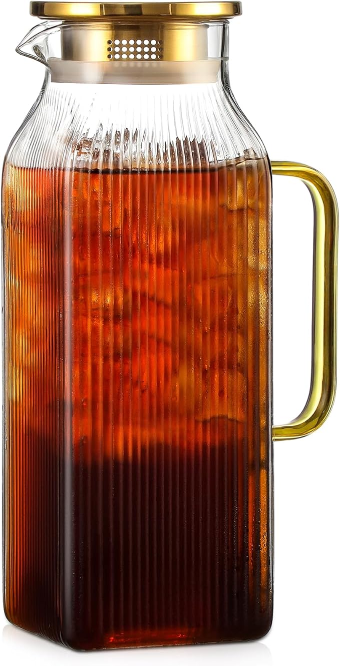 2 Liter/68 oz Square Glass Pitcher with Lid, Classic Stripes Water Pitchers with Handle for Fridge, Large Jug for Iced Tea, Coffee, Borosilicate Glass Carafe for Hot/Cold Brew Drink, Gold by Unknown