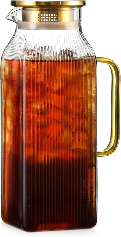 2 Liter/68 oz Square Glass Pitcher with Lid, Classic Stripes Water Pitchers with Handle for Fridge, Large Jug for Iced Tea, Coffee, Borosilicate Glass Carafe for Hot/Cold Brew Drink, Gold by Unknown