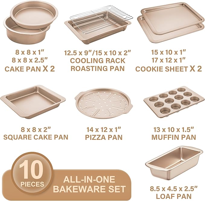 HONGBAKE Bakeware Sets, Baking Pans Set, Nonstick Oven Pan for Kitchen with Wider Grips, 10-Piece Including Rack, Cookie Sheet, Cake Pans, Loaf Pan, Muffin Pan, Pizza Pan - Champagne Gold - Image 3