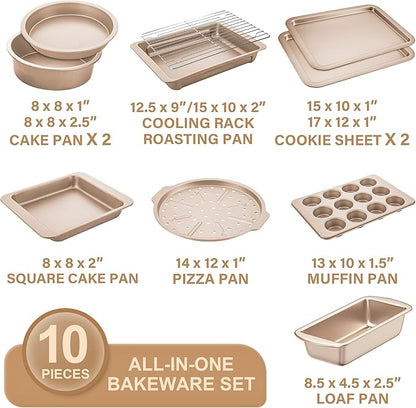 HONGBAKE Bakeware Sets, Baking Pans Set, Nonstick Oven Pan for Kitchen with Wider Grips, 10-Piece Including Rack, Cookie Sheet, Cake Pans, Loaf Pan, Muffin Pan, Pizza Pan - Champagne Gold - Image 3