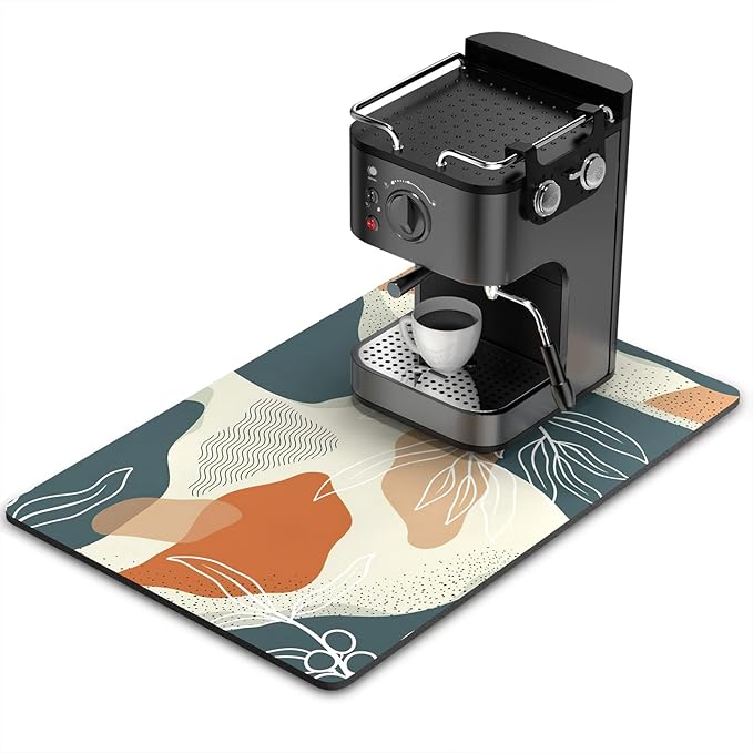 Rnivvi Coffee Mat, 16" x 24" Cute Boho Theme Coffee Bar Mats for Espresso Machine Station Accessories and Organizer, Hide Stain Rubber Backed Absorbent Dish Drying Pad for Kitchen Counter, Leaves by Rnivvi