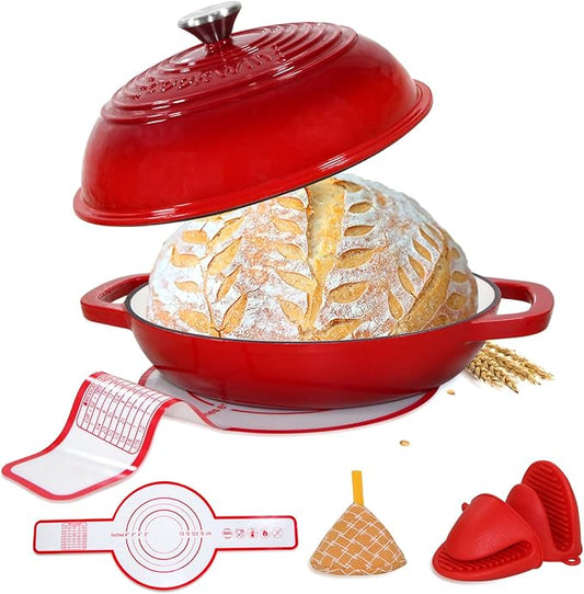 Enameled Cast Iron Bread Oven, 6 Quart Dutch Oven for Bread Sourdough Baking, 11" Thick Enamel Bread Baking Pan Kit with Lid for Stews, Roasts and Gifts for Family, Red