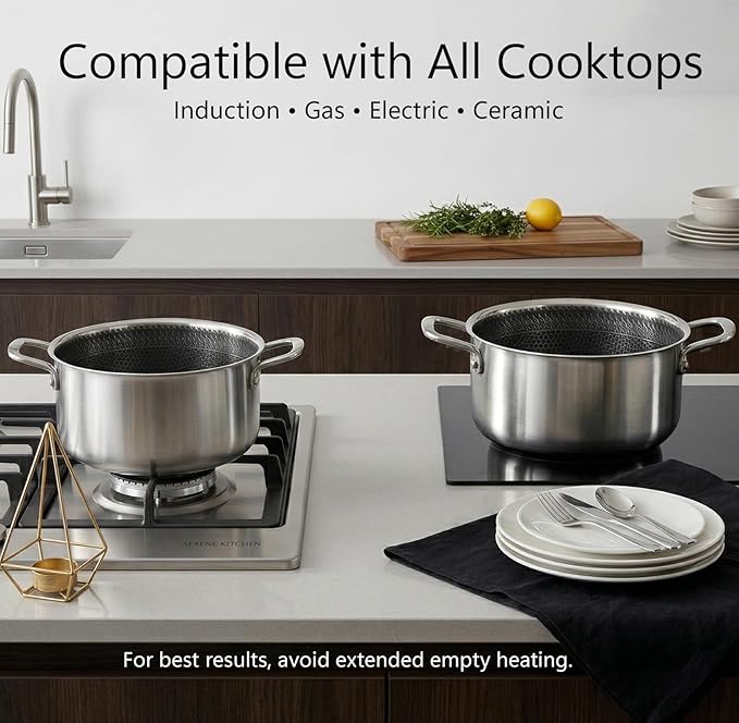 4.6 Qt Stainless Steel Stock Pot with Lid, 3-Ply 18/10 Hybrid Honeycomb Nonstick Soup Pot, 9.4 Inch Induction Pasta Pot for Simmering, Boiling & Stewing