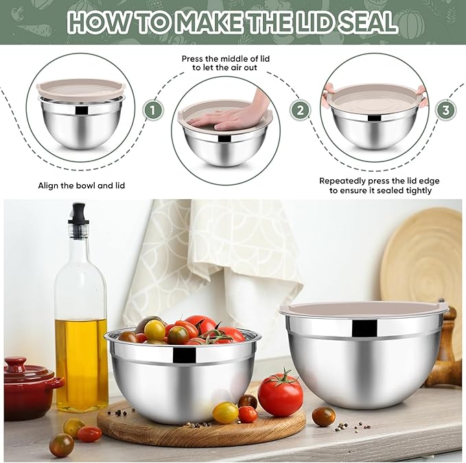 TeamFar Mixing Bowls with Lids, 5-Piece Stainless Steel Metal Nesting Salad Bowl for Mixing Prepping, Healthy & Heavy Duty, Airtight Lids & Dishwasher Safe, 4.5/3/1.5/1/0.7 QT-Khaki - Image 6