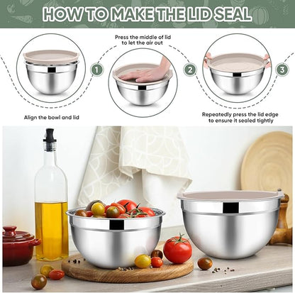 TeamFar Mixing Bowls with Lids, 5-Piece Stainless Steel Metal Nesting Salad Bowl for Mixing Prepping, Healthy & Heavy Duty, Airtight Lids & Dishwasher Safe, 4.5/3/1.5/1/0.7 QT-Khaki - Image 6