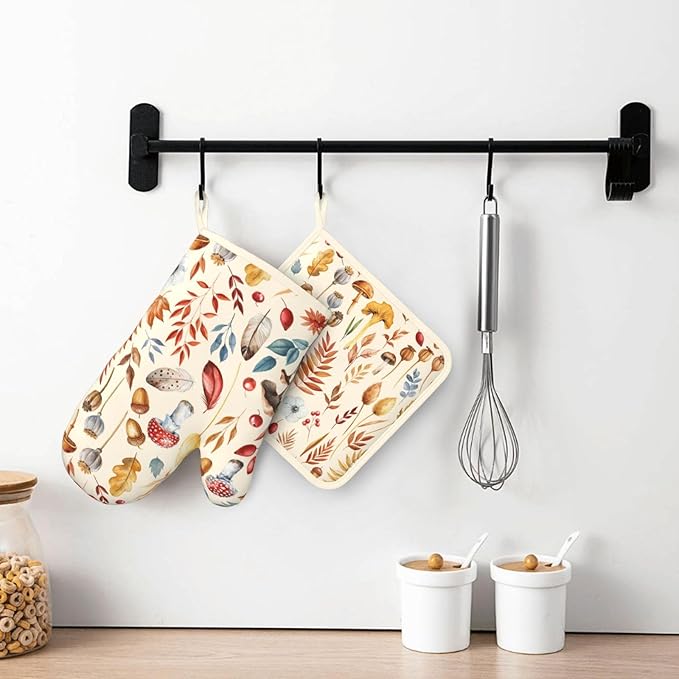 Fall Silicone Oven Mitts Pan Mats Set of 2, Heat Resistant Gloves Potholder with Non-Slip Grips Hanging Loops Pot Holder, Spring Summer for Chef Cooking, Baking, Grilling, BBQ