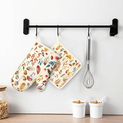 Fall Silicone Oven Mitts Pan Mats Set of 2, Heat Resistant Gloves Potholder with Non-Slip Grips Hanging Loops Pot Holder, Spring Summer for Chef Cooking, Baking, Grilling, BBQ