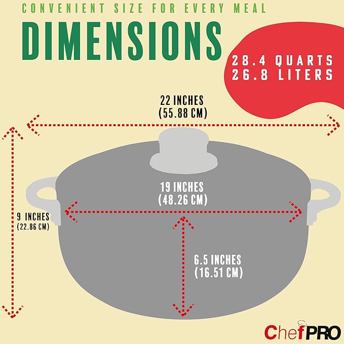 ALUMINUM CALDERO STOCK POT by Chef Pro, Durable Aluminum, Superior Cooking Performance for Even Heat Distribution, Perfect For Large/Small Groups, Riveted Handles, Commercial Grade, 28.4 Quart