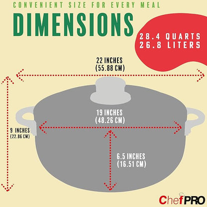 ALUMINUM CALDERO STOCK POT by Chef Pro, Durable Aluminum, Superior Cooking Performance for Even Heat Distribution, Perfect For Large/Small Groups, Riveted Handles, Commercial Grade, 28.4 Quart