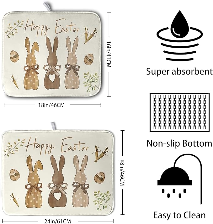 Happy Easter Bunny Dish Drying Mat Rabbits Egg Carrot Dish Pad for Kitchen Counter 16x18 Inch Microfiber Absorbent Spring Bufflao Plaid Dish Draining Mat Reusable Washable Dish Drainer Rack Mat - Image 2