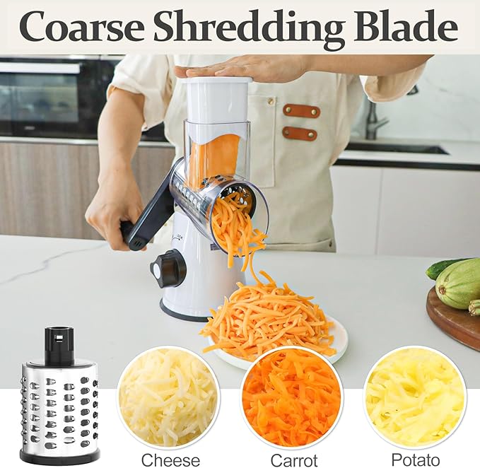 Cambom Rotary Cheese Grater Hand Crank Cheese Shredder for Fresh Cheese, Vegetable, Nuts,Non-slip Suction Base, Free Cleaning Brush Three Blades, White and Black - Image 2