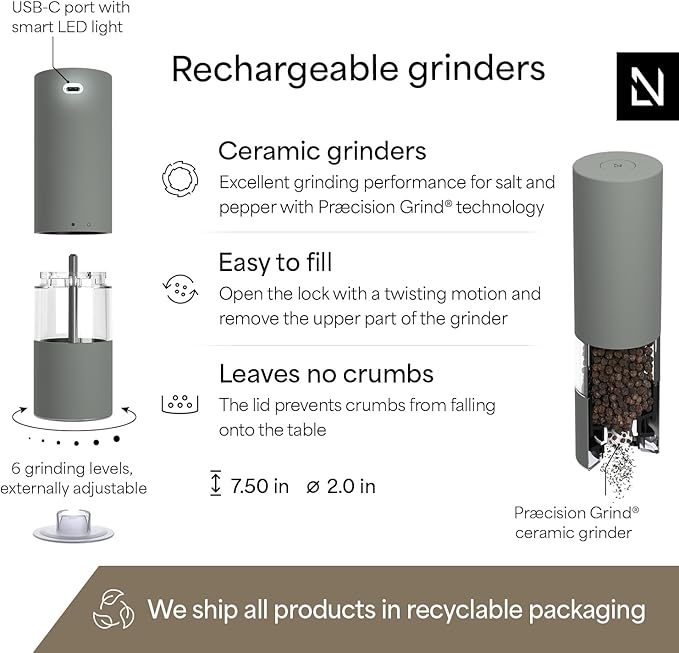 LARS NYSØM Electric Salt and Pepper Grinder Set I Automatic Salt and Pepper Mills with Adjustable Ceramic Grinder I USB Rechargeable Electric Spice Mill Set with LED Light (Ash Gray) - Image 4