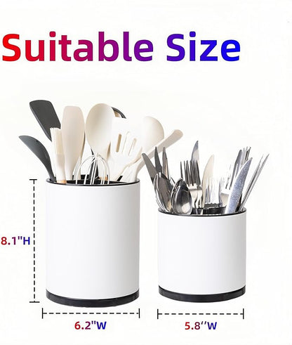 LIBODOUR Kitchen Utensil Holder Extra Large Rotating For Counter Organizer Stainless Steel Storage Cooking Silverware Caddy 3 Compartment Flatware Spoon Spatula Tool Cutlery Container(2 Set White) - Image 4