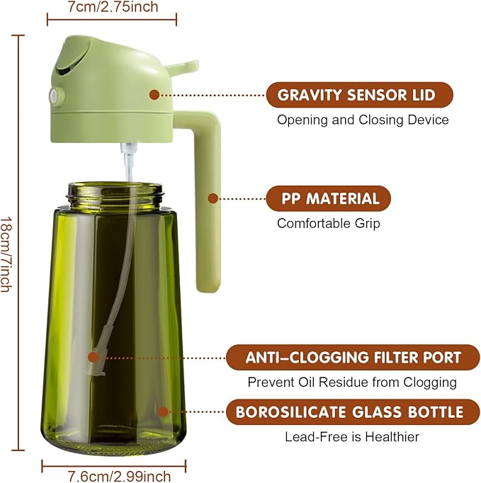 YARRAMATE 2PCS 16oz/470ml Oil Sprayer for Cooking with Stickers, Food-Grade 2 in 1 Olive Oil Dispenser Bottle for Kitchen, Premium Dark Green Glass Oil Bottle for Air Fryer, BBQ (White & Green) - Image 7