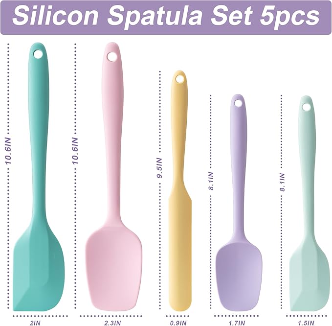 Silicone Spatula Set, 5 Piece Food Grade Rubber Spatulas for Baking, Cooking, and Mixing High Heat Resistant Non Stick Dishwasher Safe BPA-Free (Multicolor 3) - Image 2