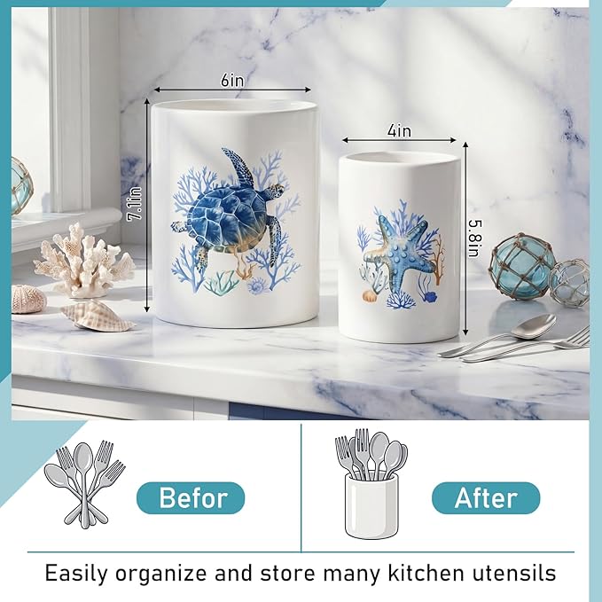 Bokon 2 Pack Ceramic Utensil Holder 6.3" + 5.1" Ocean Theme Coastal Kitchen Crocks for Countertop Storage, Sea Turtle & Starfish Design, Decorative Utensil Organizer for Beach House Decor