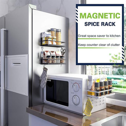 Magnetic Spice Rack, Strong Magnetic Shelf with 2 Removable Hooks, Perfect Space Saver for Small Kitchen/Apartment, Awesome Metal Cabinet for Holding Spices, Jars, Bottle, Beverage(Black)