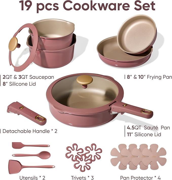 CAROTE 19 Pcs Pots and Pans Set, Nonstick Cookware Sets with Detachable Handle, Titanium Reinforced, Oven Safe, Cookware Non Stick Cooking Set w/Frying Pans & Saucepans Red(PFOS, PFOA Free) - Image 2