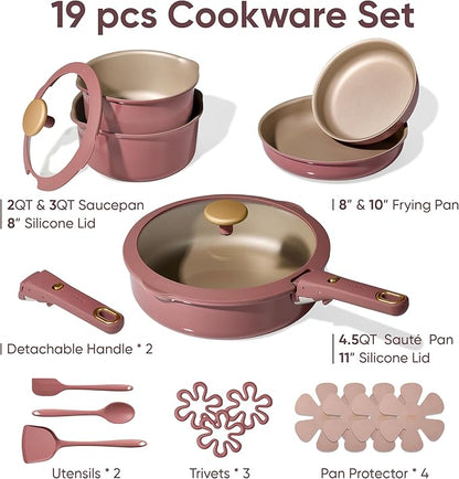CAROTE 19 Pcs Pots and Pans Set, Nonstick Cookware Sets with Detachable Handle, Titanium Reinforced, Oven Safe, Cookware Non Stick Cooking Set w/Frying Pans & Saucepans Red(PFOS, PFOA Free) - Image 2