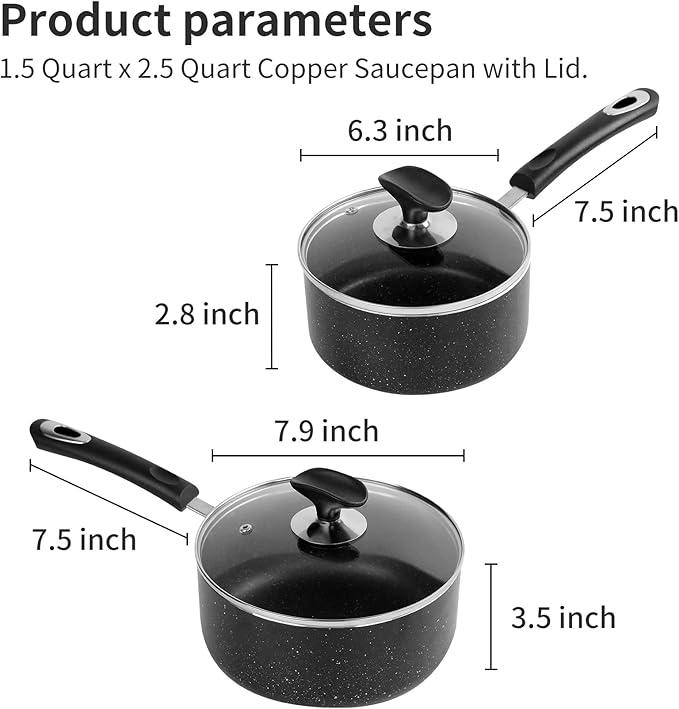 Nonstick Saucepan Set - 1.5 Quart and 2.5Quart,Ultra Non Stick Sauce Pan Small Pot with Glass Lid,Great for Home Kitchen Restaurant,Black - Image 4