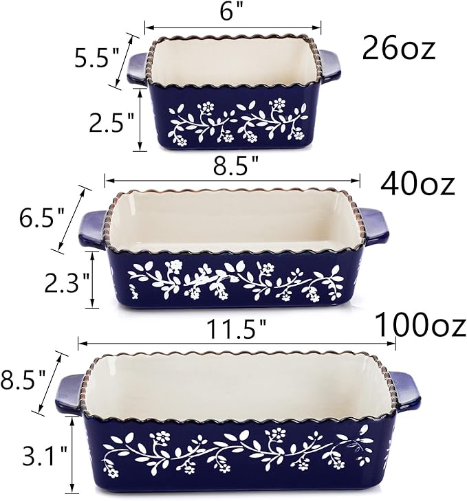 AVLA 3 Pack Ceramic Bakeware Set Porcelain Rectangular Baking Dish Lasagna Pans for Cooking Kitchen Casserole Dishes Cake Dinner 12 x 8.5 x 6 Inches of Baking Pans Banquet and Daily Use Cobalt Blue - Image 2