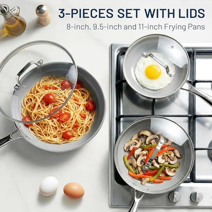 Kikcoin Non Stick Frying Pans with Lid, 3 Pack Ceramic Frying Pan for Cooking, 8+9.5+11 Inch Omelette Pans Set with Stay Cool Handle, Induction Ready, Free of PFAS PFOA PTFE, Oven/Dishwasher Safe - Image 6