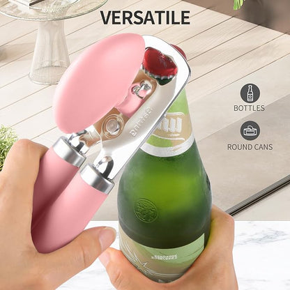 Safring Can Opener Manual, Heavy Duty Stainless Steel Smooth Edge Can Openers With Soft Touch Handle, Oversized Handheld Easy Turn Knob, Multi-Function Bottle Opener, Pink