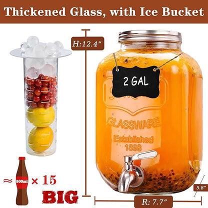 2 Gallon Drink Dispenser with 18/8 Stainless Steel Spigot, Sun Tea Glass Mason Jar for Outside, Iced Lemonade Beverage Dispenser with Ice Core, Large Water Juice Jug, Punch Dispenser for Parties