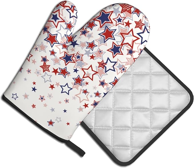 Stars Oven Mitts - Patriotic Kitchen Mitts Pot Holders Red White and Blue Hot Mitts 4th of July Hot Pads Sets of 2 for Cooking Baking Grilling - Image 2