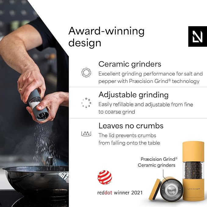 LARS NYSØM Salt and Pepper Grinder Set, Manual Salt and Pepper Mills with Adjustable Ceramic Grinder, Design Spice Shaker Set (Mustard Yellow) - Image 2