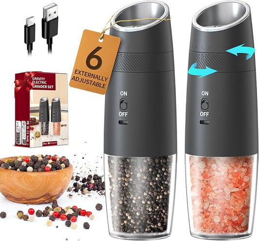CIRCLE JOY Gravity Electric Salt and Pepper Grinder Set Rechargeable Automatic Pepper and Salt Shakers with LED Light, External Adjustable Coarseness, One-Hand Operation for Salt & Spices by CIRCLEJOY