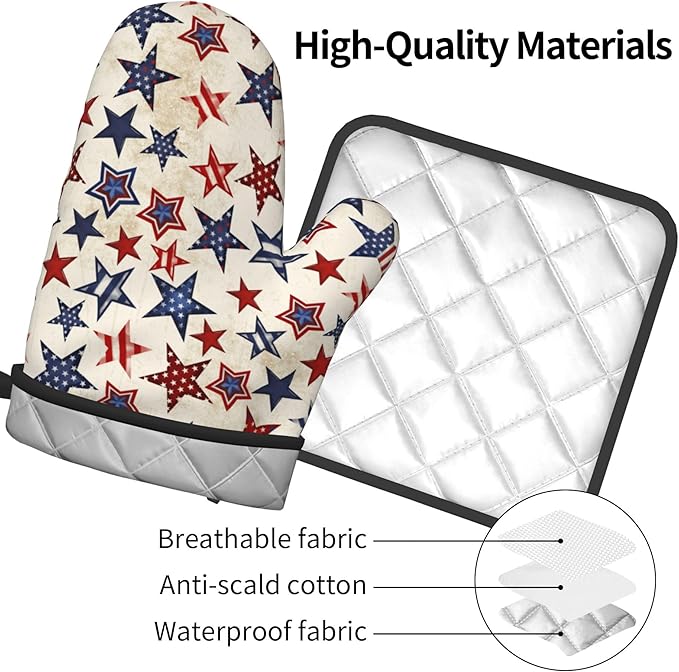 Patriotic Stars Oven Mitts - 4th of July Kitchen Mitts Pot Holders Sets of 2 Red White and Blue Hot Mitts Independence Memorial Day Hot Pads for Cooking Baking Grilling - Image 4