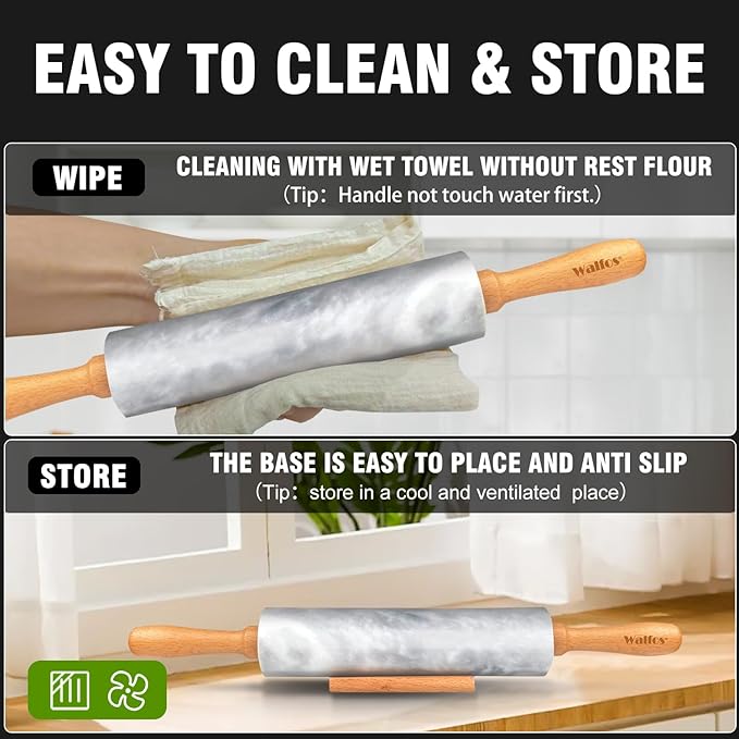 Walfos Marble Rolling Pin Set With Non Stick Silicone Pastry Mat, 16.5 Inch Dough Rolling Pins For Making Pizza, Tortillas And Cookies, Backing Rolling Pin For Pie Crust, Pizza, Pasta (Gray & White) - Image 7
