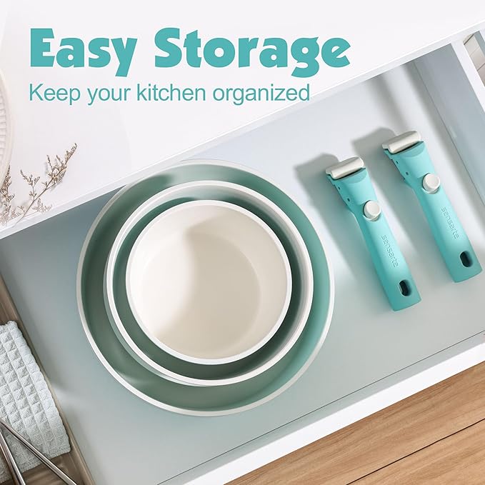 SENSARTE 17 Piece Ceramic Pots and Pans Set, Nonstick Detachable Handle Cookware, Induction Kitchen Cookware Set with Removable Handle, Dishwasher ＆ Oven Safe (Turquoise) - Image 3
