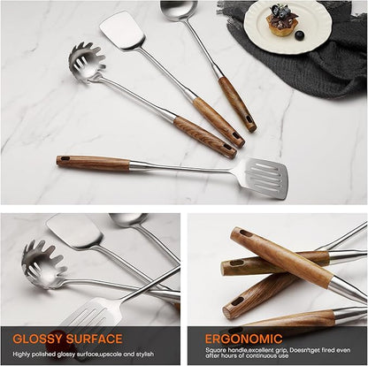 6 Pcs Cooking Utensils Set 304 Stainlss Steel Kitchen Utensils Set Heat Resistant Wooden Handle Kitchen Tools Metal Kitchen Utensil Soup Ladle Set, Dishwasher Safe - Image 4