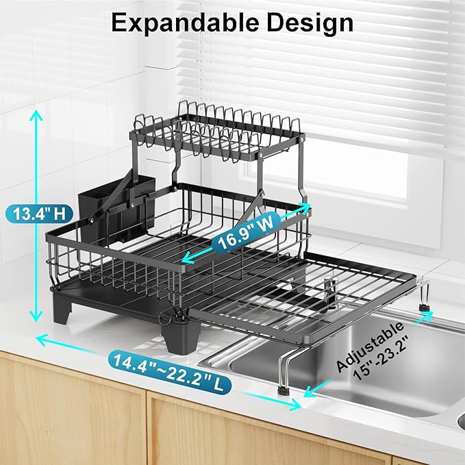 GSlife Large 2 Tier Dish Drying Rack, Expandable Heavy-Duty Dish Rack for Kitchen Counter, Rust-Resistant Dish Drainer with Utensil & Cup Holder, Auto-Drain, 16.9" W x 14.4"-22.4" L, Black - Image 5
