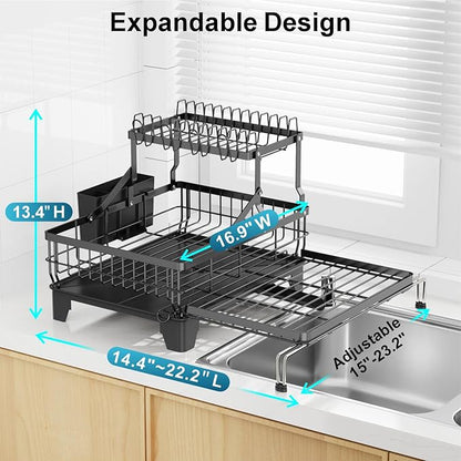 GSlife Large 2 Tier Dish Drying Rack, Expandable Heavy-Duty Dish Rack for Kitchen Counter, Rust-Resistant Dish Drainer with Utensil & Cup Holder, Auto-Drain, 16.9" W x 14.4"-22.4" L, Black - Image 5