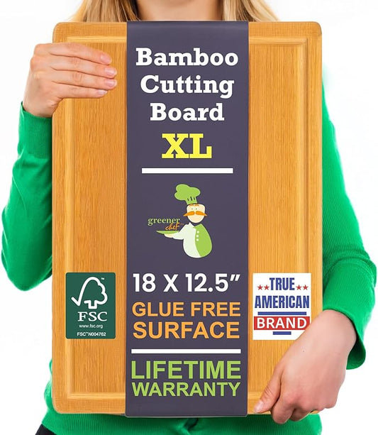 Extra Large Bamboo Cutting Board Featuring 18 Inch Wood Cutting Boards for Kitchen with Glue-Free Surface™ – Non-Toxic Wooden Chopping Boards, FSC-Certified, Durable Carving Boards - Rectangle by GreenerChef