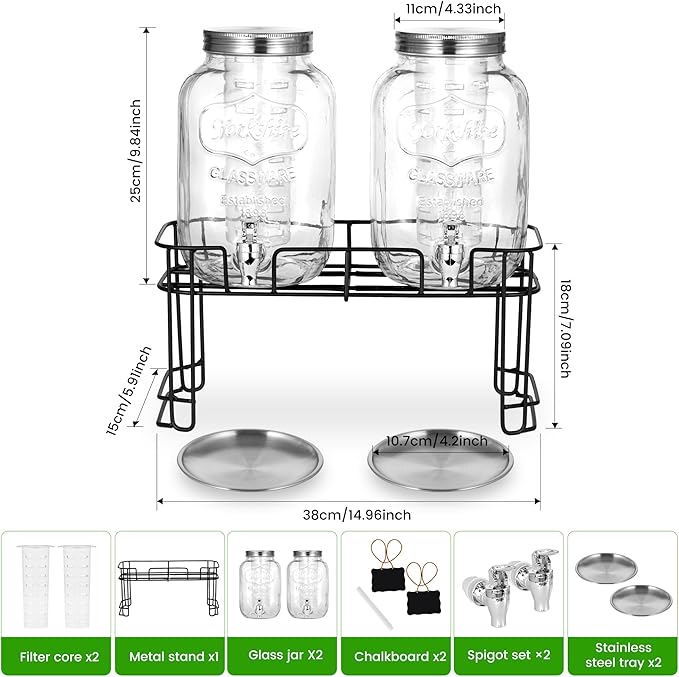 2 Pack1 Gallon Glass Drink Dispensers For Parties .Beverage Dispenser,Glass Drink Dispenser With Stand And Spigot (Plastic Spigot)