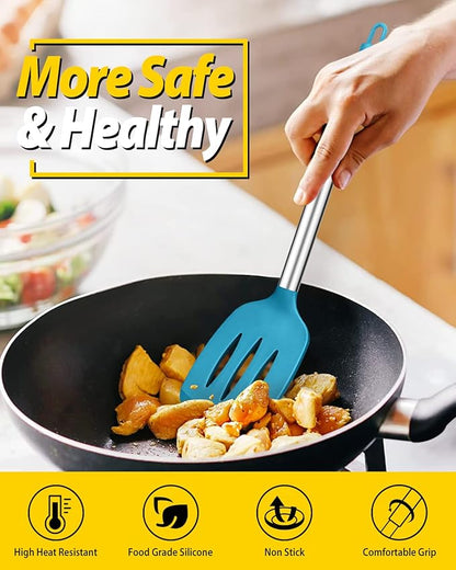 Pack of 4 Silicone Cooking Utensils Set, Non Stick Large Solid Spatulas, Heat Resistant Blue Slotted Spoons, Ideal BPA Free Kitchen Turners for Frying, Mixing,Serving,Draining,Turning,Stirring - Image 4
