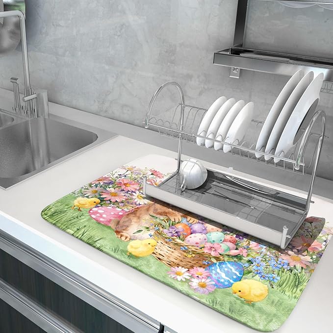 Easter Rabbit Eggs Dish Drying Mat for Kitchen Counter 18x24 Inch Spring Flowers Large Microfiber Dish Drainer Rack Mats - Image 5