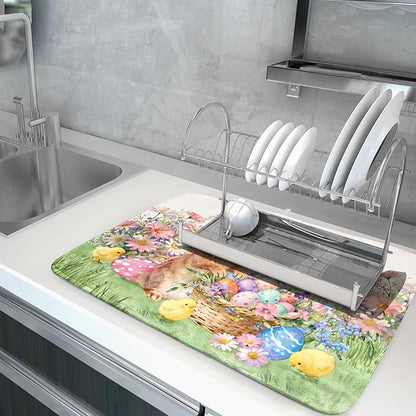 Easter Rabbit Eggs Dish Drying Mat for Kitchen Counter 18x24 Inch Spring Flowers Large Microfiber Dish Drainer Rack Mats - Image 5