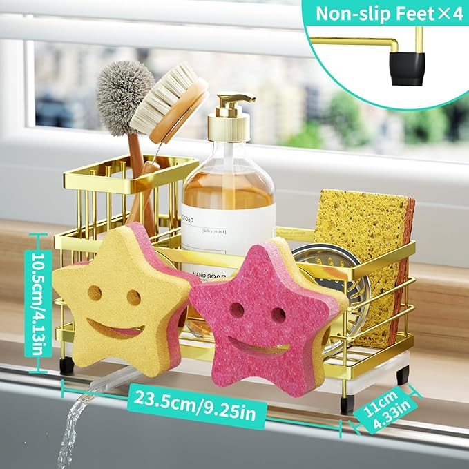 HapiRm Sink Caddy Sponge Holder - Self-draining Kitchen Sink Organizer with Smiley Face and Brush Holder, Stainless Steel Kitchen Sponge Caddy for Countertop - Gold - Image 5