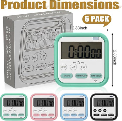 Leumoi 6 Pcs Digital Kitchen Timer 24 Hour Clock and Alarm Function Timer On/Off Switch Minute Second Count up Countdown Loud Alarm for Exercise Cook Baking(Black, Pink, Blue, Green)